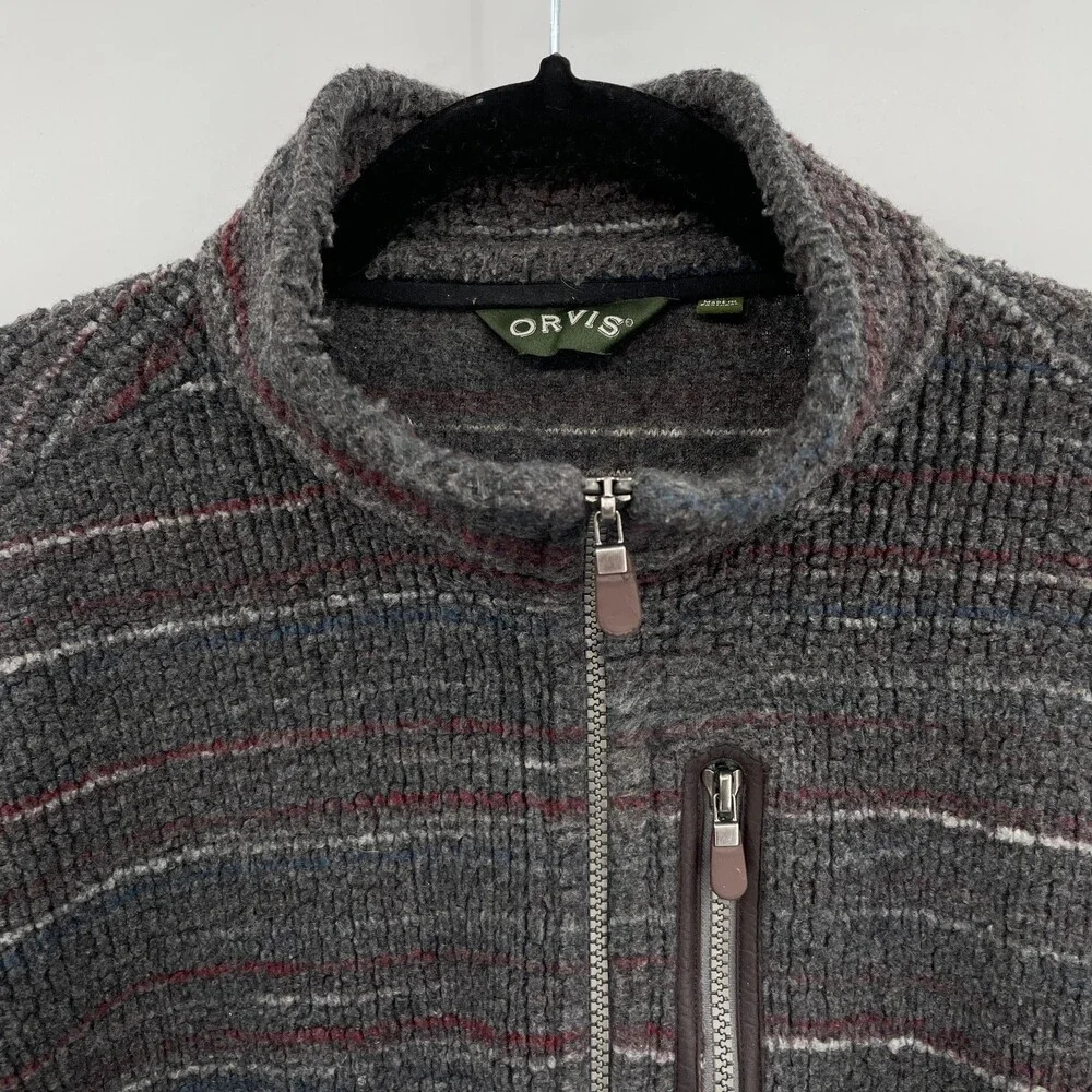 ORVIS Gray Red Stripe Full Zip Fleece Jacket Size M
